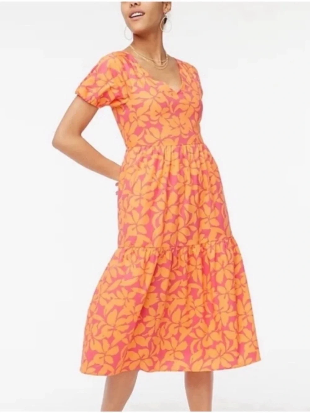 J. Crew Floral V-Neck Midi Dress in Orange & Pink